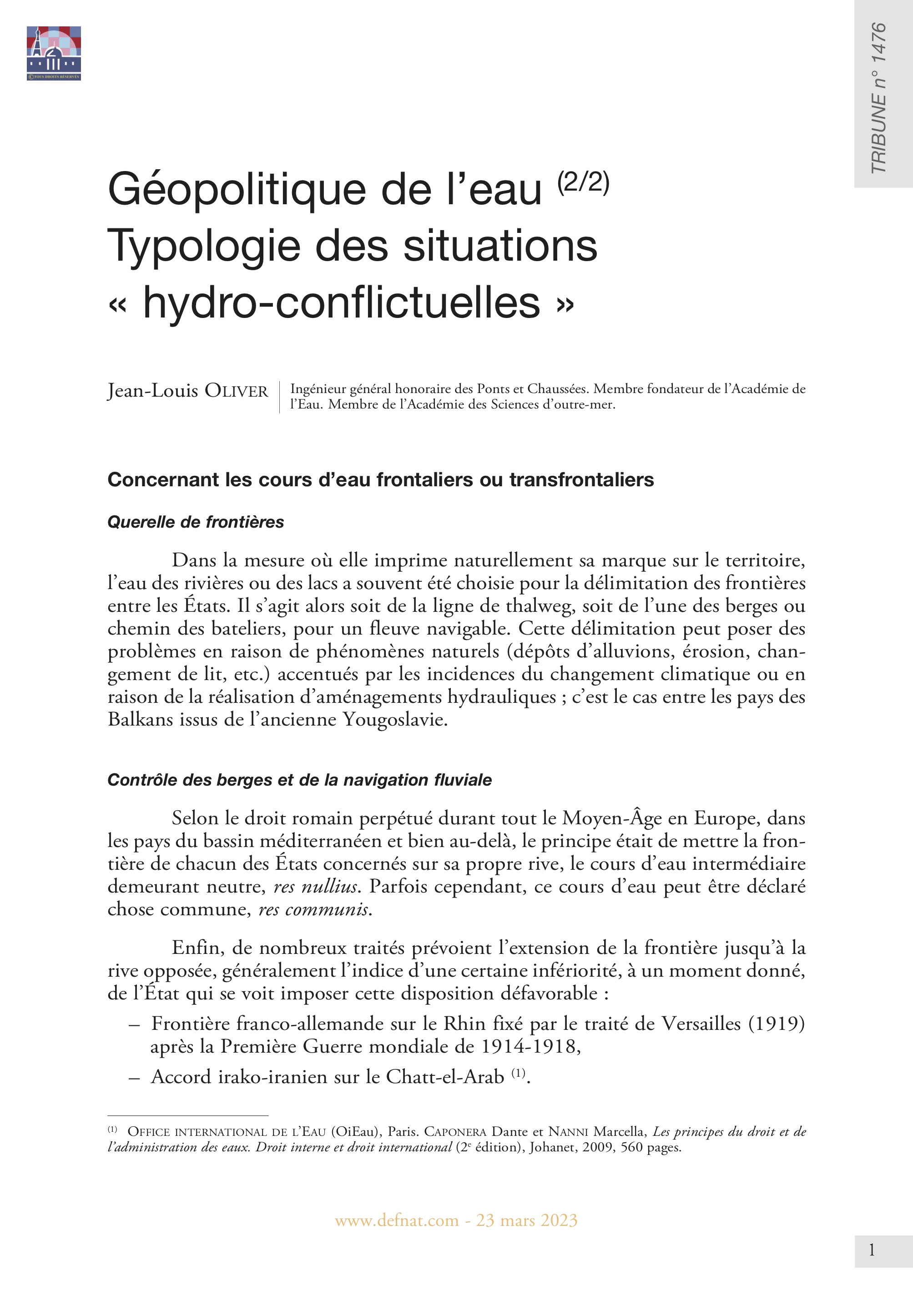 Géopolitique de l’eau (2/2) Typologie des situations « hydro-conflictuelles » (T 1476)
